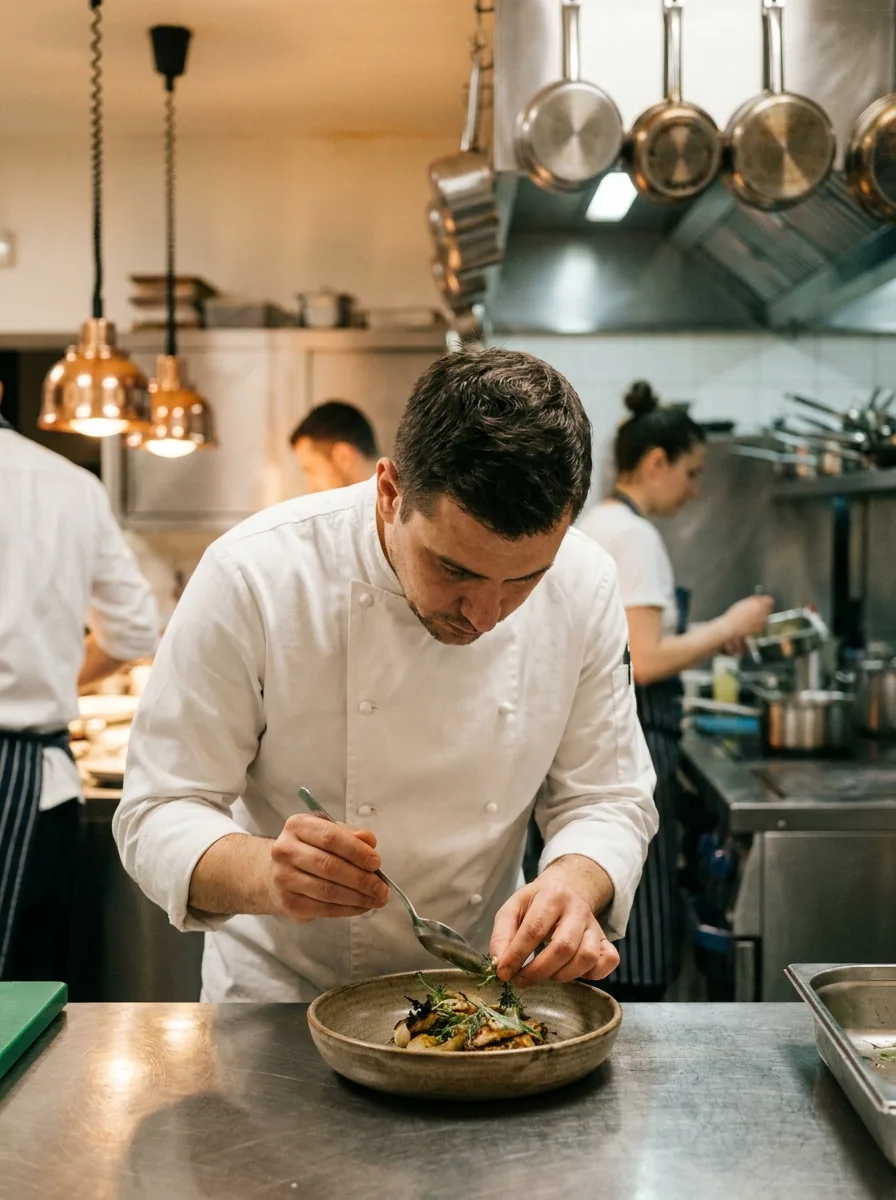 Professional cook plating a dish in a restaurant kitchen