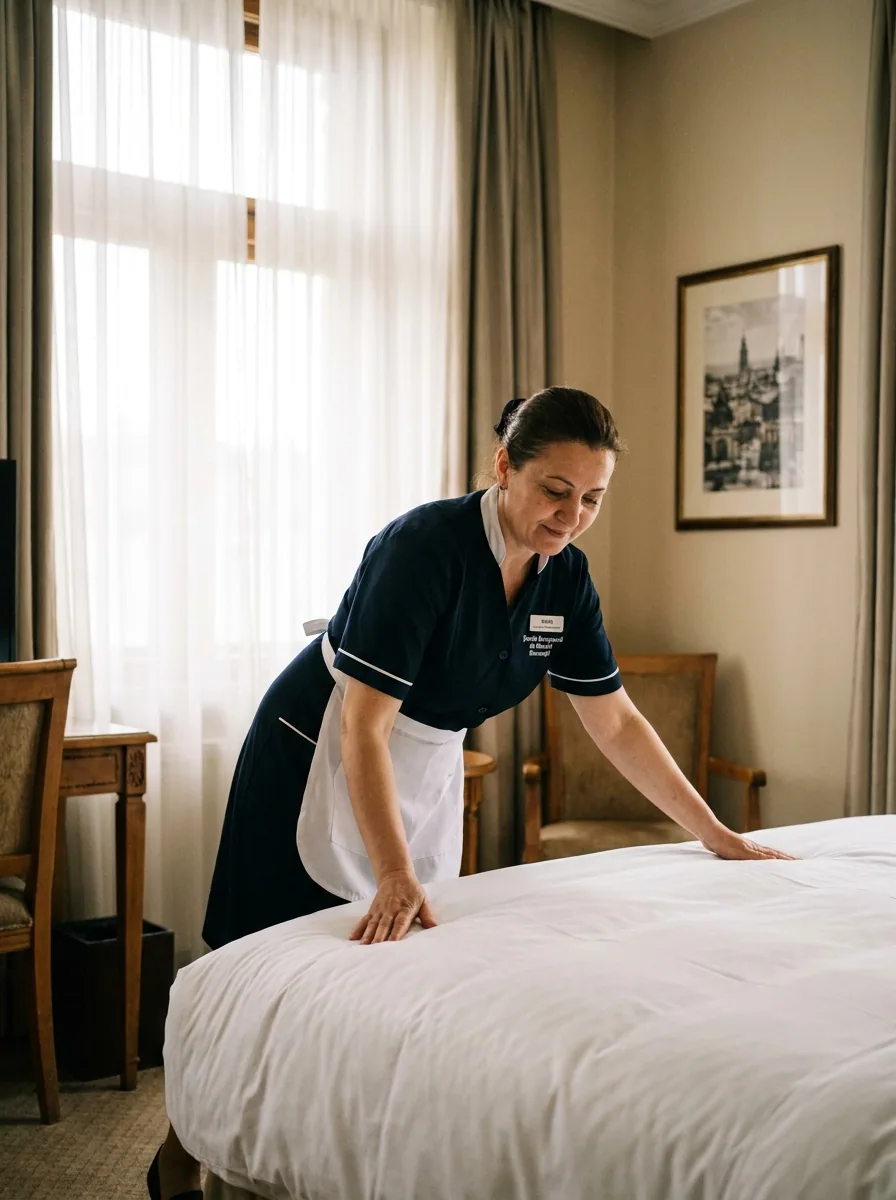 Hotel housekeeper preparing a guest room