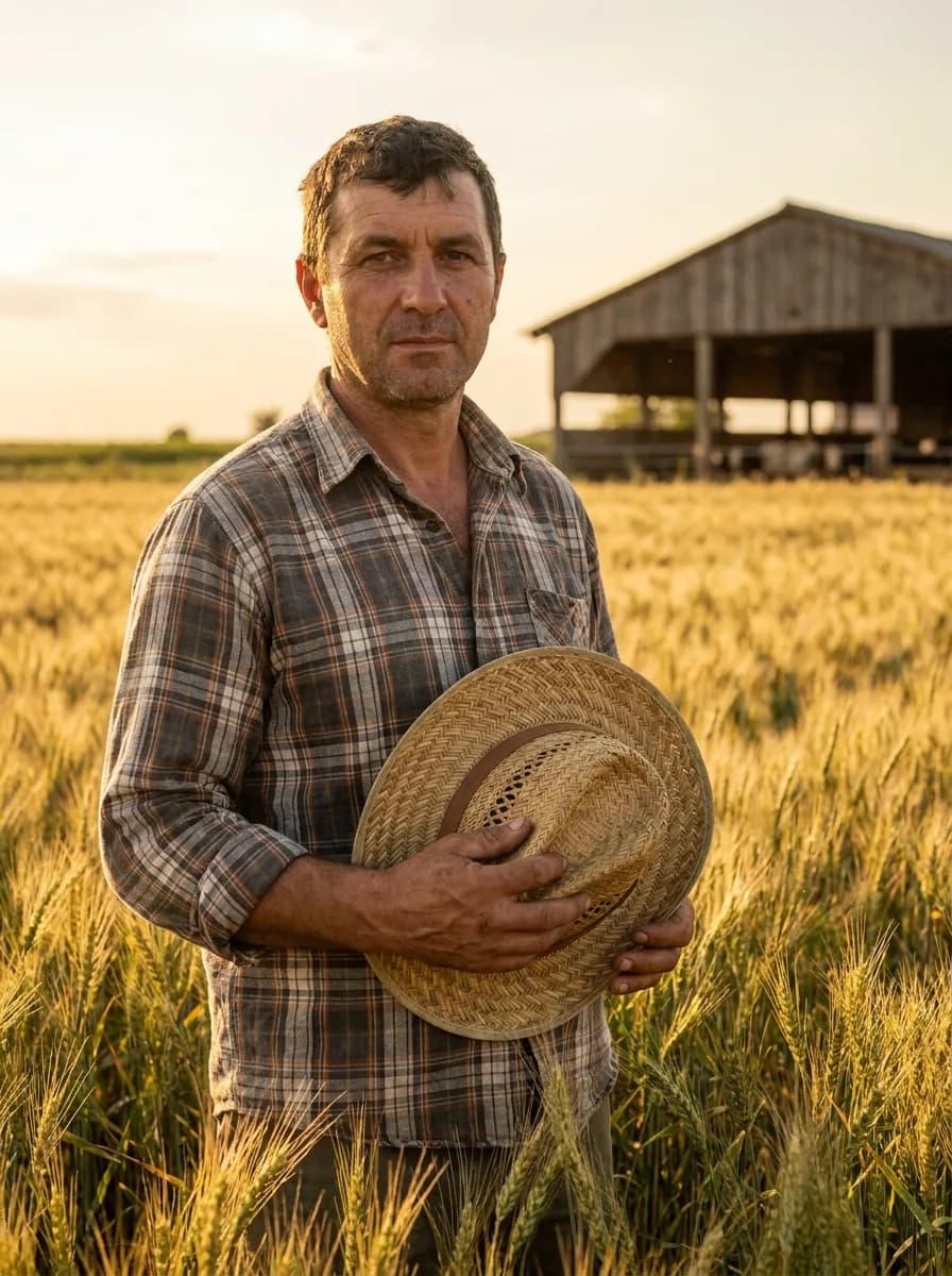 Mixed farmer working in the field with livestock nearby