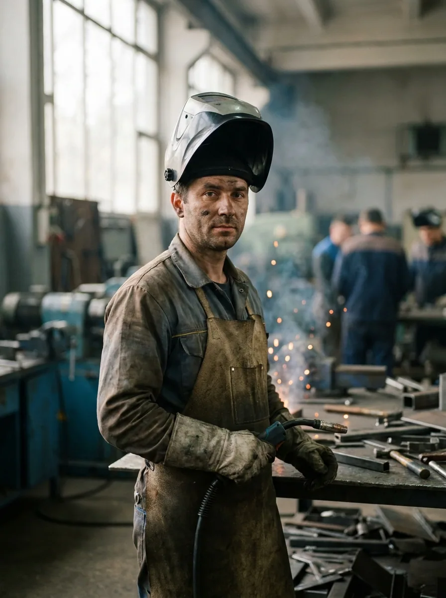 Welder striking an arc on a steel fabrication