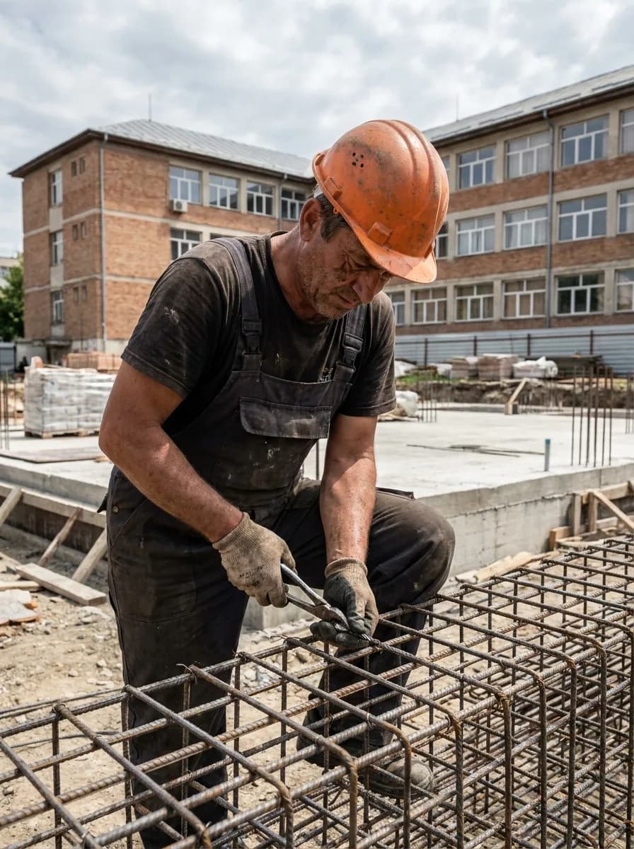 Rebar fixer tying steel reinforcement on a construction site