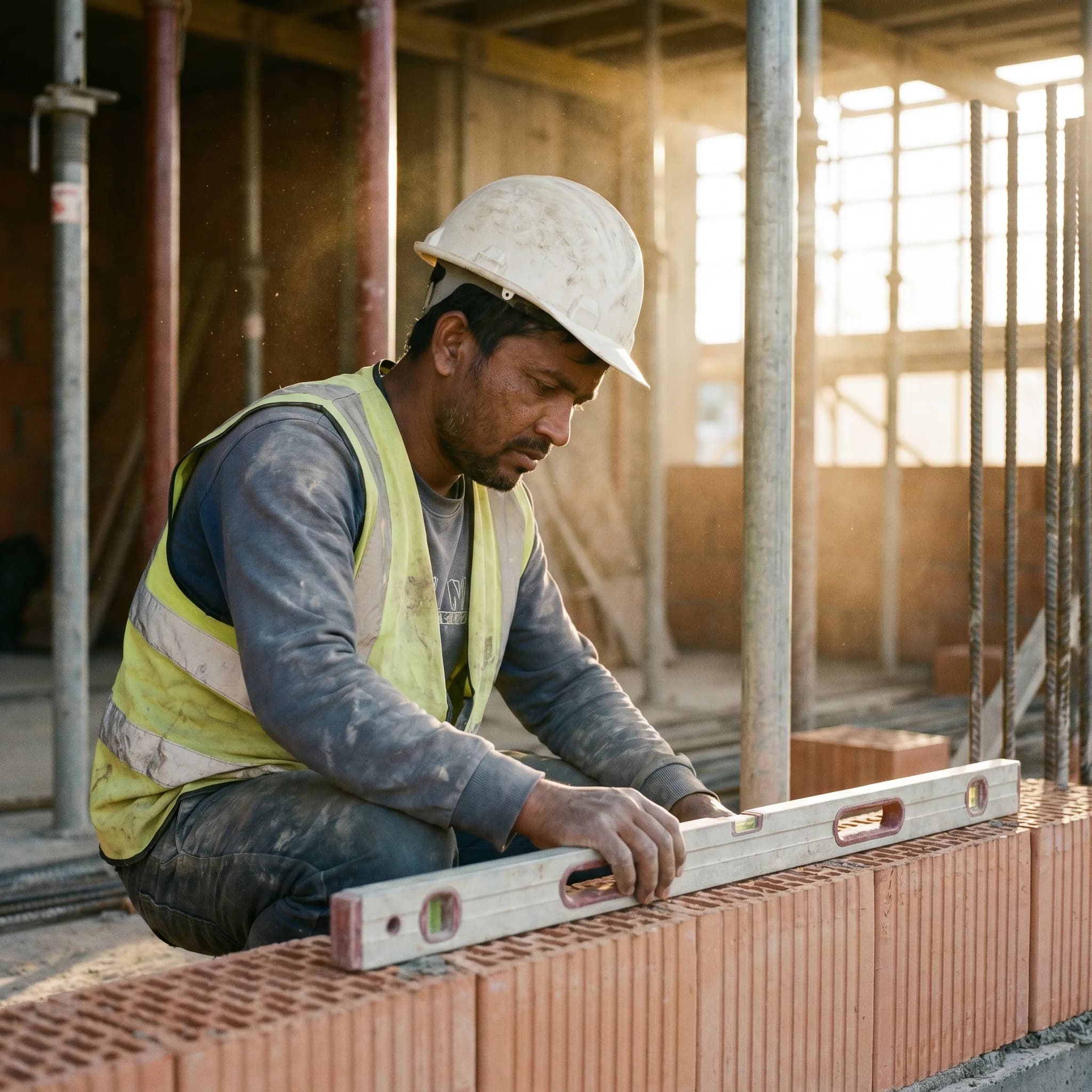 Construction tradesman levelling a brick course on a Bucharest building site