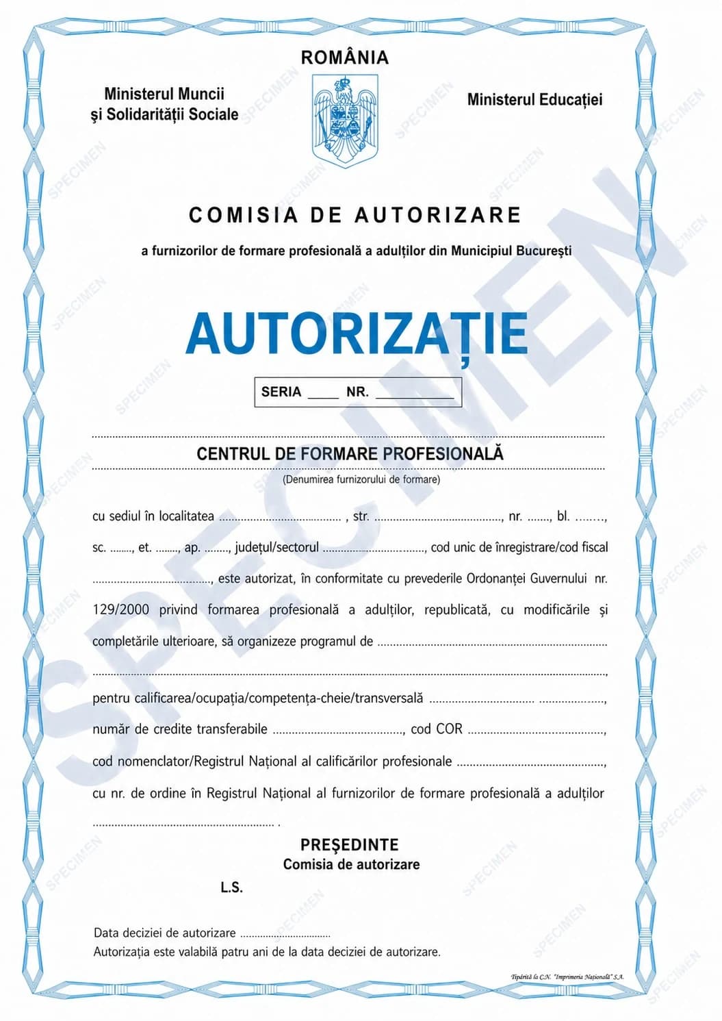 Romanian Ministry of Labour authorization (AUTORIZAȚIE) issued to the training centre